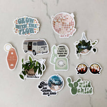 Load image into Gallery viewer, Collection of retro-themed vinyl stickers featuring plants, disco balls, VW van, and vintage phrases