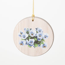 Load image into Gallery viewer, Wooden circular ornament with purple pansy flower design hanging from gold ribbon