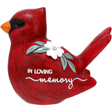 Load image into Gallery viewer, Red cardinal memorial figurine with white flower and 'In Loving Memory' text