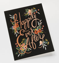 Load image into Gallery viewer, Black greeting card with coral pink 'Happily Ever After' text surrounded by colorful floral illustrations