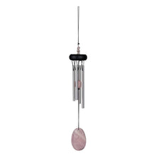 Load image into Gallery viewer, Rose quartz wind chime with silver tubes and pink stone windcatcher hanging outdoors