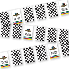Load image into Gallery viewer, Black and white checkered flag bunting with Welcome Race Fans Indianapolis Motor Speedway logos