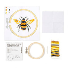 Load image into Gallery viewer, Bee cross stitch embroidery kit with hoop, fabric, colored threads and instruction pattern
