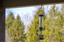 Load image into Gallery viewer, Matte black tube bird feeder hanging under porch overhang with green trees in background