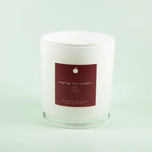 Load image into Gallery viewer, White frosted glass soy candle with burgundy label featuring apple, vanilla, bourbon scent