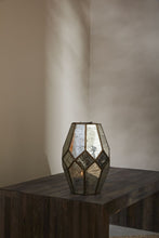 Load image into Gallery viewer, Geometric glass and metal lantern with antiqued mirror panels on wooden surface