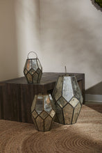 Load image into Gallery viewer, Three geometric glass lanterns with antiqued mirror panels in various sizes displayed on wooden surface
