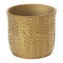 Load image into Gallery viewer, Golden ceramic plant pot with raised chevron zigzag textured pattern design