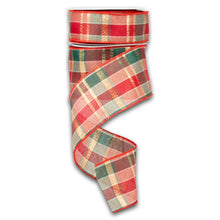 Load image into Gallery viewer, Red and green plaid Christmas ribbon with gold accents twisted in decorative spiral