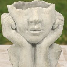 Load image into Gallery viewer, White concrete planter shaped like figure with hands cupped around face opening