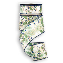 Load image into Gallery viewer, Decorative wired ribbon with winter greenery, blue berries and navy border on white spool