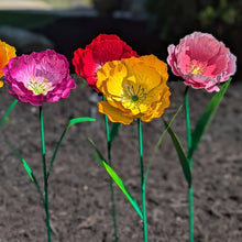 Load image into Gallery viewer, Colorful metal flower garden stakes in pink, red, yellow and coral with green stems