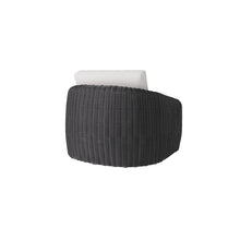 Load image into Gallery viewer, Dark charcoal wicker outdoor club swivel glider chair with white cushion, rear view