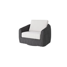 Load image into Gallery viewer, Dark gray wicker outdoor swivel glider chair with plush white cushions