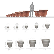 Load image into Gallery viewer, Terra cotta planters in various sizes from 12 to 44 inches with human scale reference