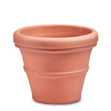 Load image into Gallery viewer, Terracotta colored ceramic planter with rolled rim and tapered design on white background