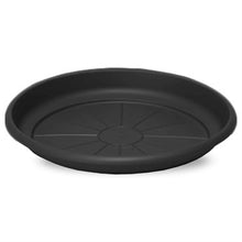 Load image into Gallery viewer, Black plastic plant saucer with ridged drainage pattern and raised rim