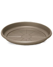 Load image into Gallery viewer, Round taupe plastic plant saucer with drainage channels and raised center design