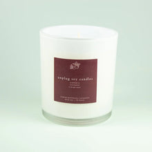 Load image into Gallery viewer, White soy candle with burgundy label featuring cranberry cinnamon orange peel scent