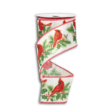 Load image into Gallery viewer, White wired Christmas ribbon with red cardinals and green evergreen branches on spool