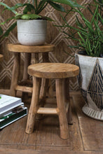 Load image into Gallery viewer, Two wooden Cobble Stand stools with round tops and four legs on wooden floor with plants
