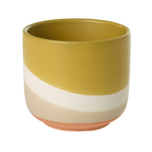 Load image into Gallery viewer, Small ceramic plant pot with mustard yellow, cream white, and coral pink color bands