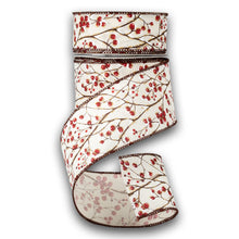 Load image into Gallery viewer, White ribbon with red berry branch pattern and brown decorative edges
