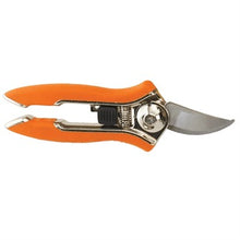 Load image into Gallery viewer, Orange-handled compact pruning shears with curved steel blade and spring mechanism