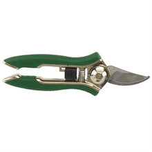 Load image into Gallery viewer, Green handled compact pruning shears with silver metal blade and spring mechanism