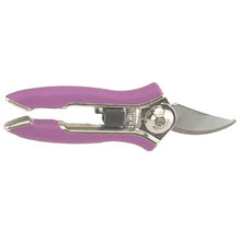 Load image into Gallery viewer, Purple-handled compact pruning shears with curved steel blade on white background