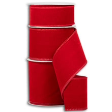 Load image into Gallery viewer, Red velvet ribbon with white stitched edges wound on white spools