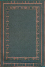 Load image into Gallery viewer, Green outdoor rug with terracotta geometric border pattern and Greek key design