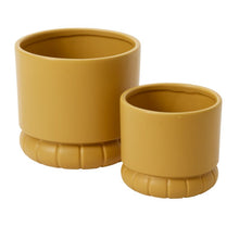 Load image into Gallery viewer, Two mustard yellow ceramic planters with decorative ribbed bases in different sizes