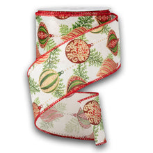 Load image into Gallery viewer, Cream colored holiday ribbon with red Christmas ornaments and green foliage pattern, red wired edges