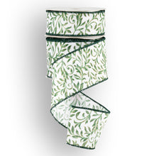 Load image into Gallery viewer, White ribbon with green leaf pattern and dark green wired edges on spool