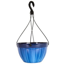 Load image into Gallery viewer, Blue hanging basket planter with black chains and drip tray for gardens