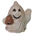 Load image into Gallery viewer, White ceramic ghost figurine holding an orange jack-o-lantern pumpkin for Halloween decor