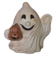 Load image into Gallery viewer, Smiling ceramic ghost figurine holding an orange jack-o-lantern pumpkin for Halloween décor