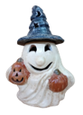 Load image into Gallery viewer, Ceramic ghost Halloween decoration wearing blue witch hat holding orange pumpkin