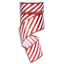 Load image into Gallery viewer, Red and white striped Christmas ribbon with glittery texture on white background