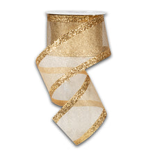 Load image into Gallery viewer, Gold and cream wired ribbon with glitter edges on white spool for holiday decorating