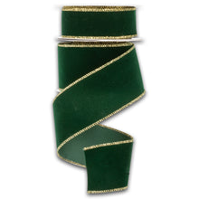 Load image into Gallery viewer, Green velvet ribbon with gold braided trim edges wound on white spools