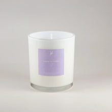 Load image into Gallery viewer, White frosted glass candle with purple lavender mint label in clear container