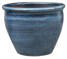 Load image into Gallery viewer, Blue glazed ceramic belly pot with wide rim and tapered bottom