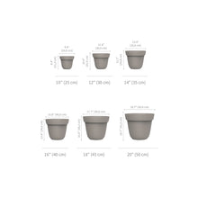 Load image into Gallery viewer, Gray circular planters in six sizes from 10 to 20 inches with dimension specifications