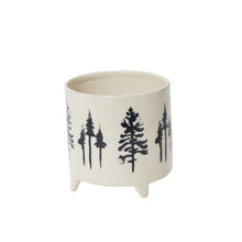 Load image into Gallery viewer, White ceramic planter pot with black tree silhouette design and three legs