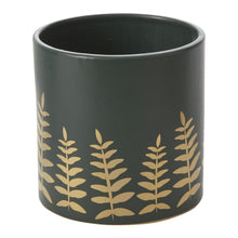 Load image into Gallery viewer, Dark green ceramic pot with golden fern leaf pattern decorating the lower portion