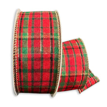 Load image into Gallery viewer, Red and green plaid Christmas ribbon with gold edges on white background