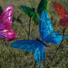 Load image into Gallery viewer, Colorful metal butterfly garden stakes in pink, blue, green and red on black poles