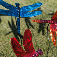 Load image into Gallery viewer, Colorful glass and metal dragonfly garden stakes in blue, red, and orange